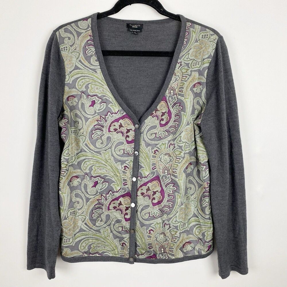 Talbots Paisley Silk Front Merino Wool Cardigan Sweater Womens Medium Gray